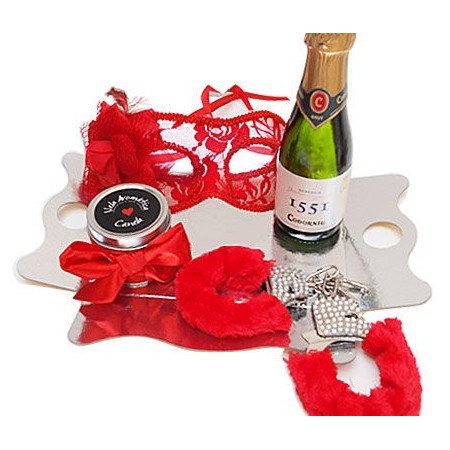 Kit con cava, antifaz, vela y esposas rojo