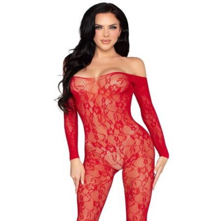 LEG AVENUE - 89366 BODYSTOCKING DE LENCERÍA DE ENCAJE ROJO - TALLA ÚNICA - Universo SexShop